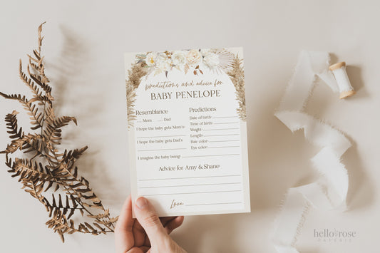 Baby Predictions and Advice Personalized Game . White Floral Boho Pampas Baby Shower . PRINTABLE Editable Template Instant Download Templett