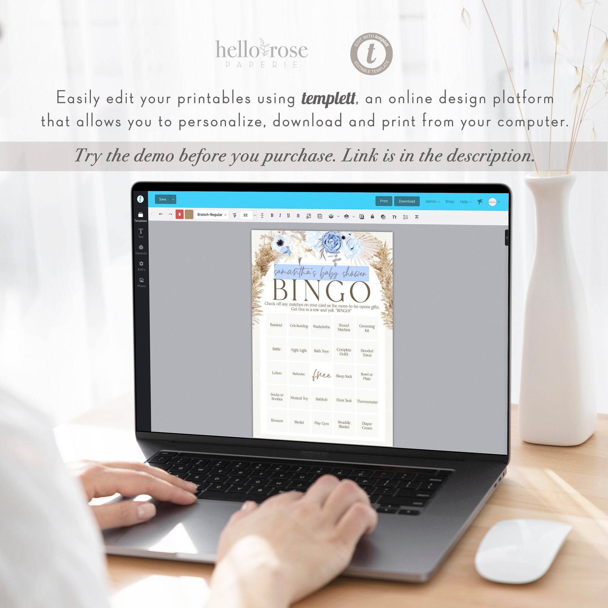 Baby Shower Bingo Personalized Game . Blue Floral Boho Pampas Boy Baby Shower . PRINTABLE Editable Template . Instant Download Templett