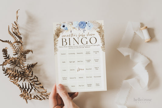 Baby Shower Bingo Personalized Game . Blue Floral Boho Pampas Boy Baby Shower . PRINTABLE Editable Template . Instant Download Templett