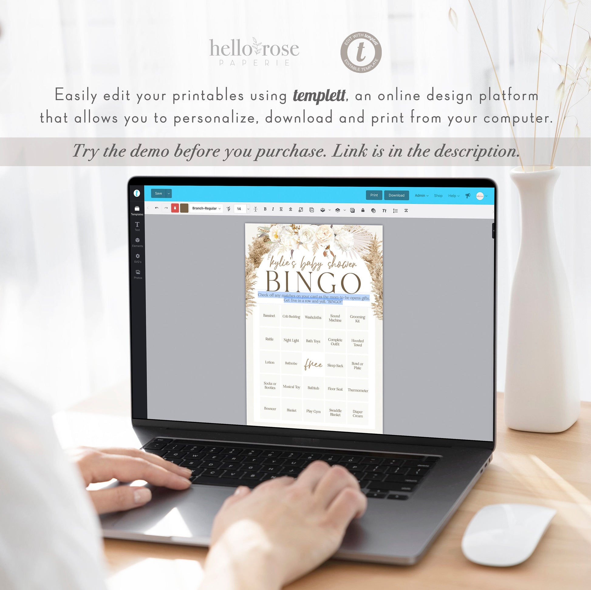 Baby Shower Bingo Personalized Game . White Floral Boho Pampas Boy Girl Baby Shower . PRINTABLE Editable Template . Download Templett