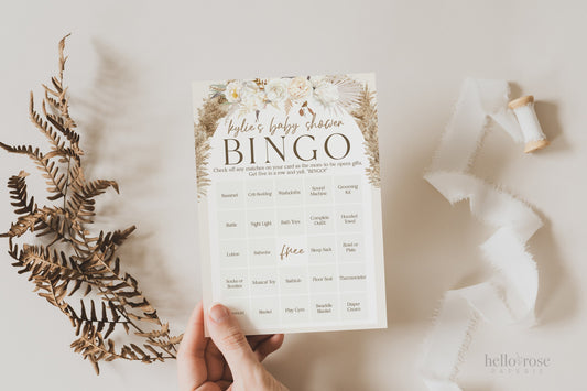 Baby Shower Bingo Personalized Game . White Floral Boho Pampas Boy Girl Baby Shower . PRINTABLE Editable Template . Download Templett