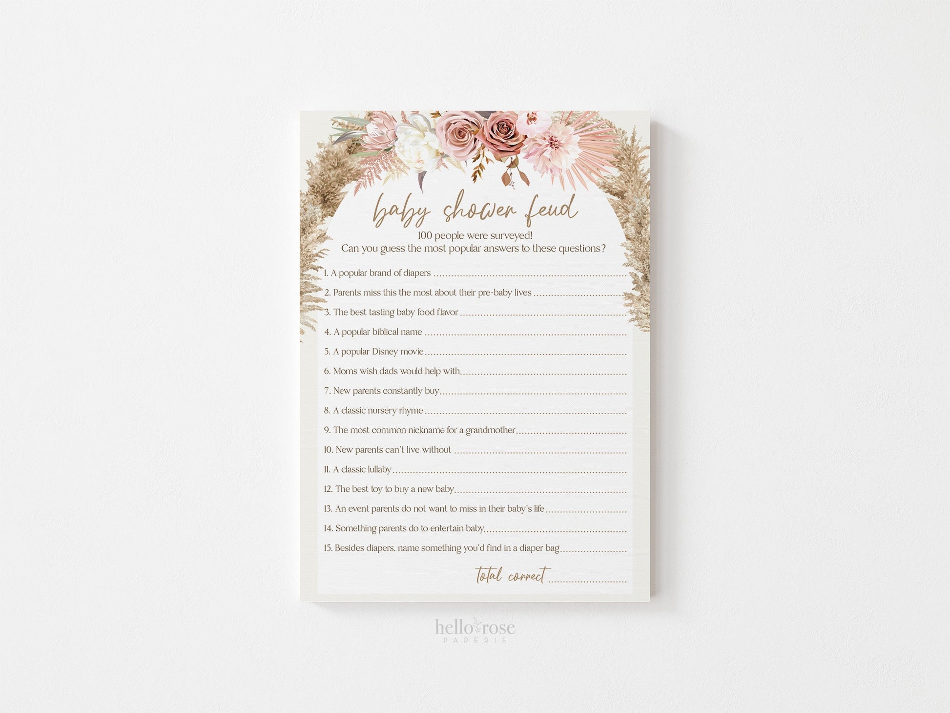 Baby Shower Feud Personalized Game . Pink Floral Boho Pampas Girl Baby Shower . PRINTABLE Editable Template . Instant Download Templett