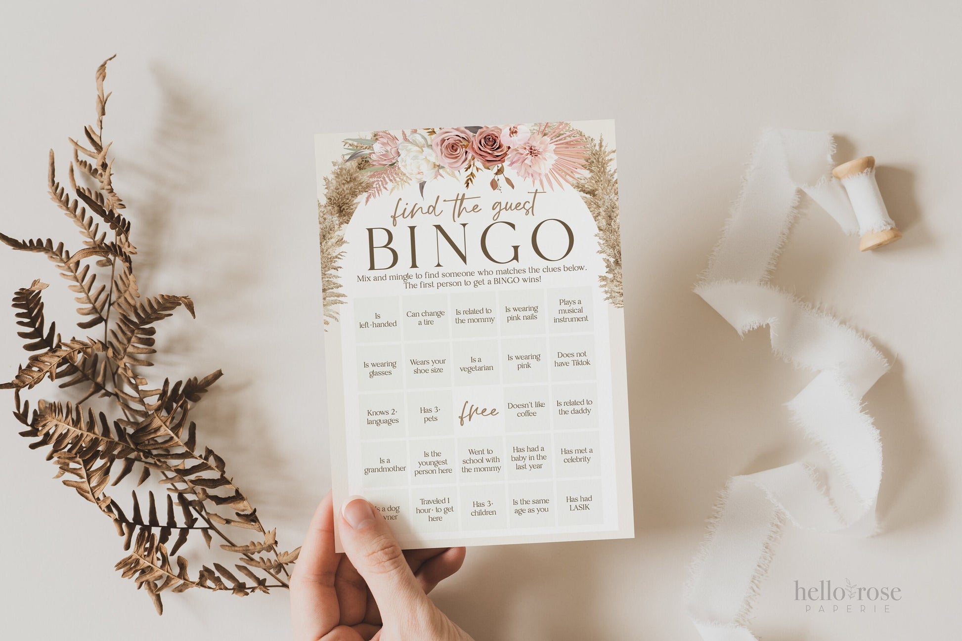 Find the Guest Bingo Baby Shower Game . Pink Floral Boho Pampas Girl Baby Shower . PRINTABLE Editable Template . Instant Download Templett