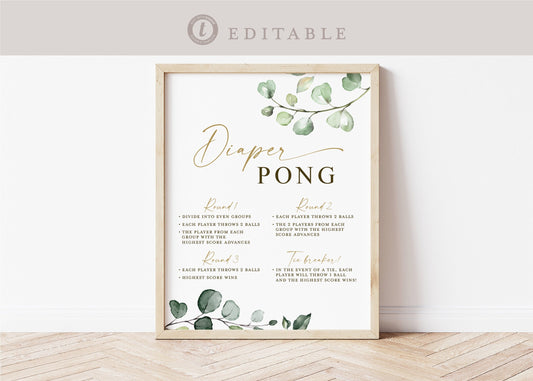 Diaper Pong Baby Shower Game Table Sign . Boy Girl Neutral . Greenery Gold . PRINTABLE Editable Template Instant Download Templett G2-T