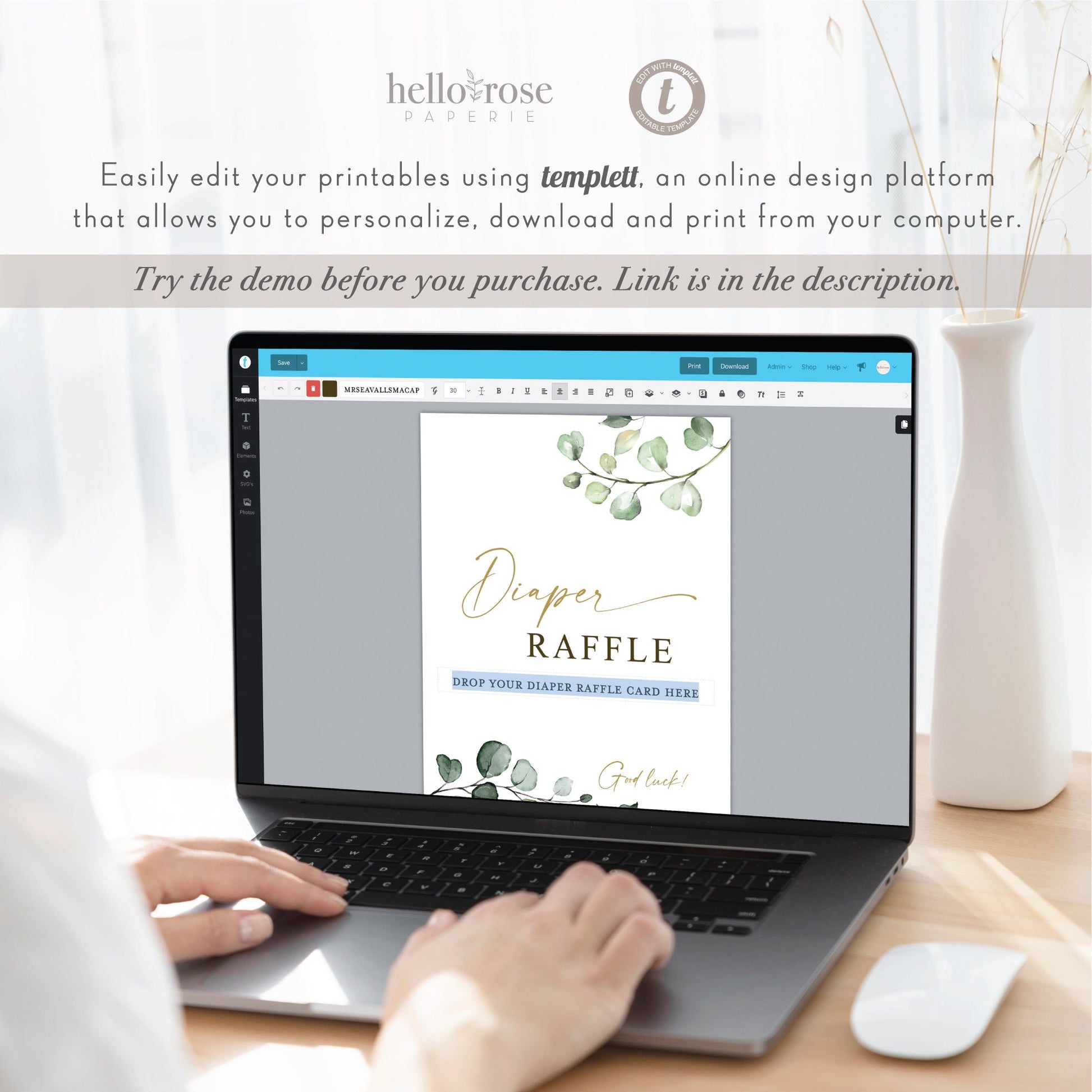 Diaper Raffle Sign + Cards. Baby Shower Game . Greenery + Gold . PRINTABLE Editable Template Instant Download Templett G2-T