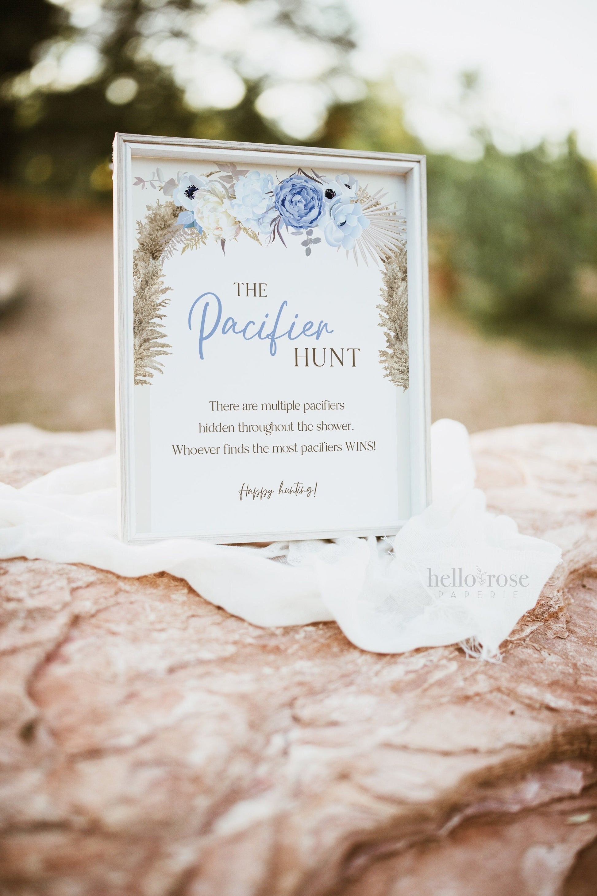 Pacifier Hunt PRINTABLE Baby Shower Game Table Sign . Boy Baby Shower . Blue Pampas Grass Floral . 8x10 Instant Digital Download