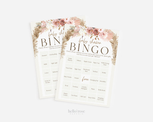 Baby Shower Bingo 50 Pre Filled Unique Printable Game Cards . Presents Gift Opening Bingo Game . Pampas Grass Pink Floral . Instant Download