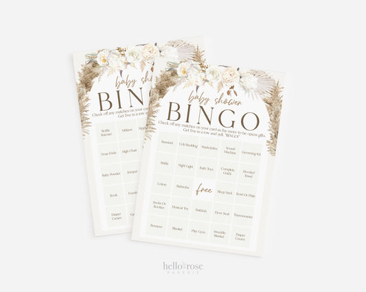Baby Shower Bingo 50 Pre Filled Unique Printable Game Cards . Present Gift Opening Bingo Game . Pampas Grass White Floral . Instant Download