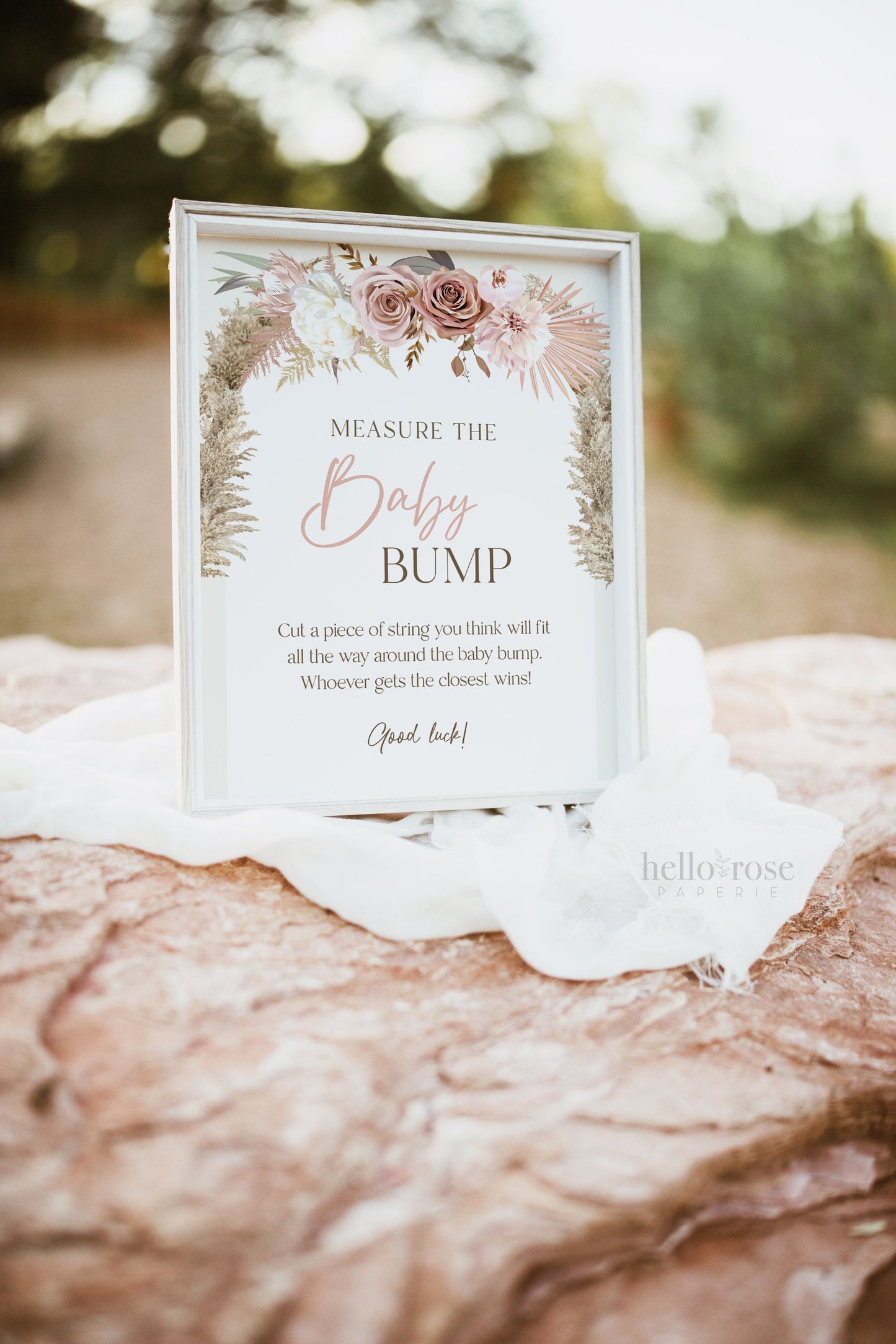 Measure the Baby Bump Baby Shower Game Sign + Cards . Girl Baby Shower . Boho Pampas Grass Pink Floral . 8x10 Sign Instant Download