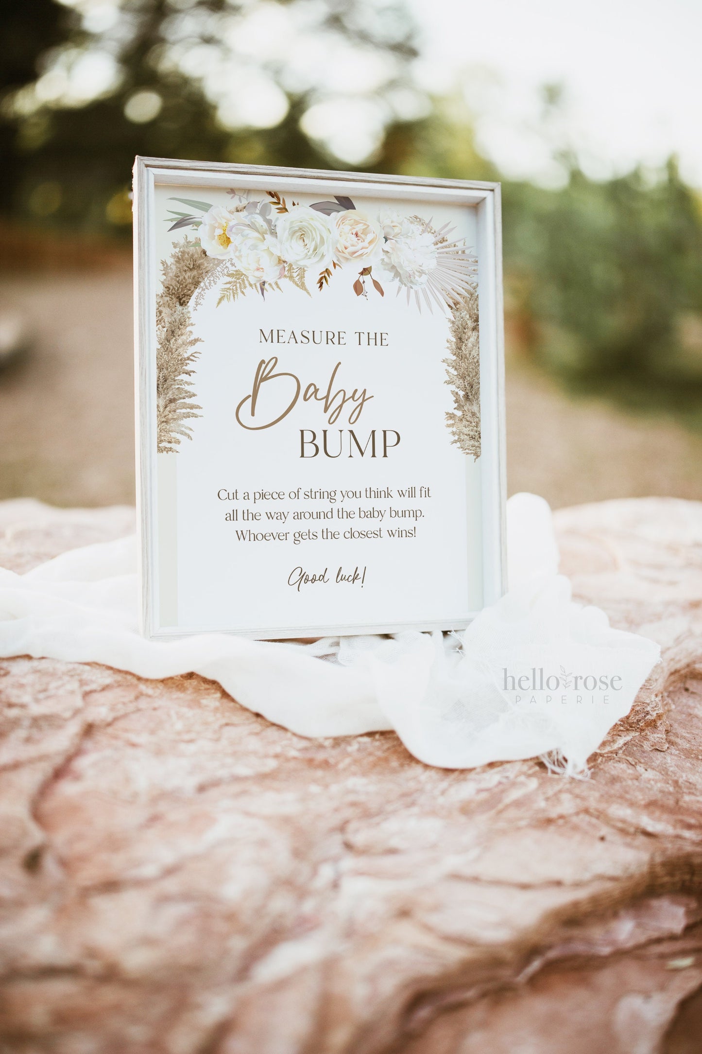 Measure the Baby Bump Baby Shower Game Sign + Cards . Gender Neutral Baby Shower . Pampas Grass White Floral . 8x10 Sign Instant Download