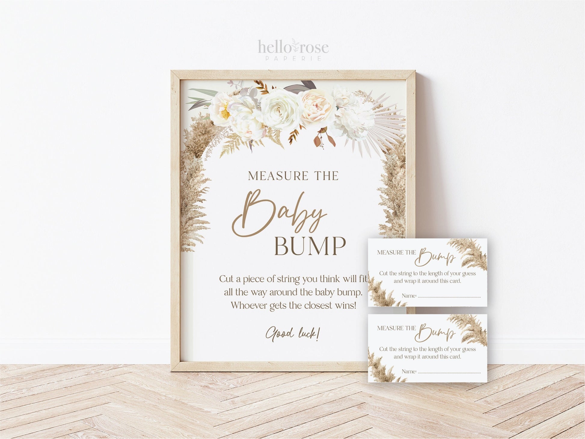 Measure the Baby Bump Baby Shower Game Sign + Cards . Gender Neutral Baby Shower . Pampas Grass White Floral . 8x10 Sign Instant Download