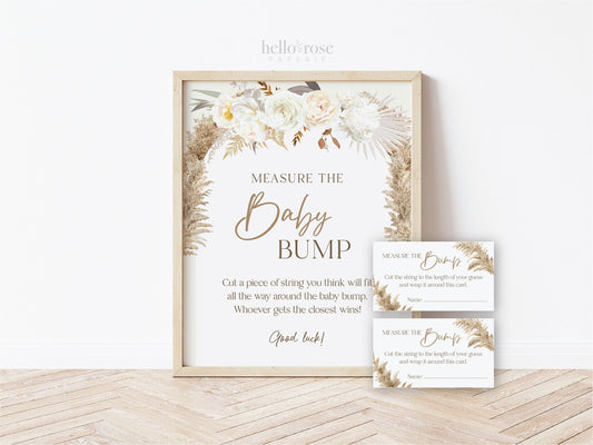 Measure the Baby Bump Baby Shower Game Sign + Cards . Gender Neutral Baby Shower . Pampas Grass White Floral . 8x10 Sign Instant Download