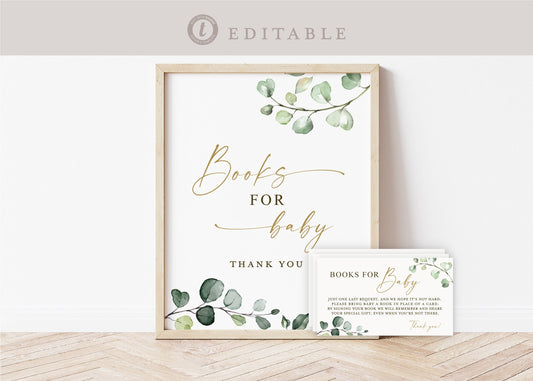Books for Baby . Personalized Baby Shower Game . 8x10 Sign + Cards . Greenery + Gold . PRINTABLE Editable Template Download Templett G2-T