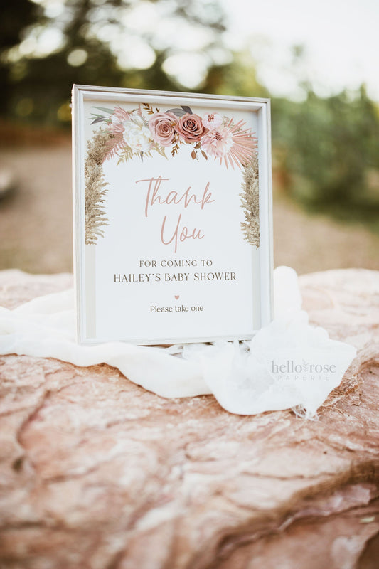 Baby Shower Thank You for Coming Sign Personalized Template . Pink Boho Pampas Girl . PRINTABLE Editable Instant Download Templett Template