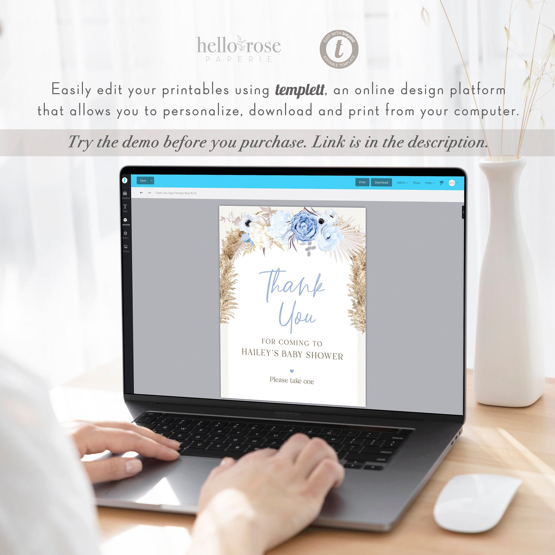 Baby Shower Thank You for Coming Sign Personalized Template . Blue Boho Pampas Boy . PRINTABLE Editable Instant Download Templett Template