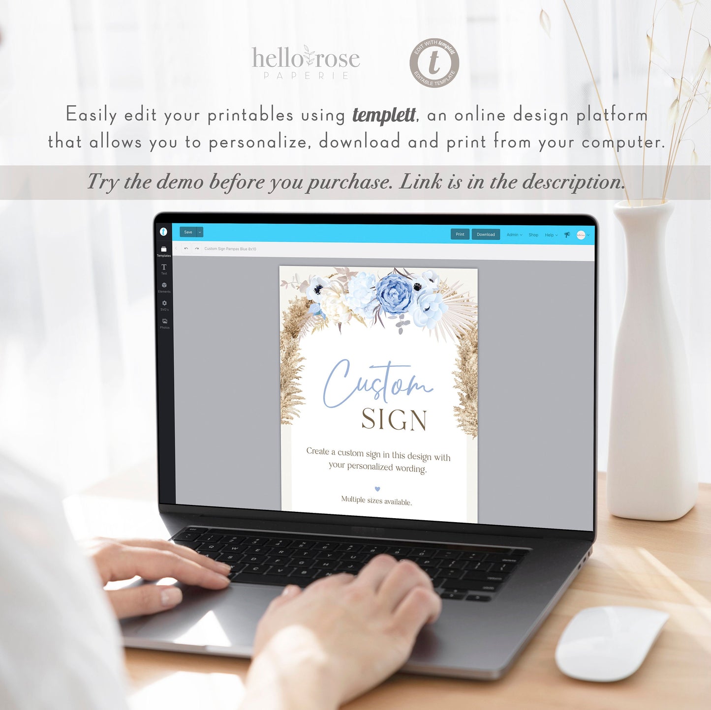 Custom Sign for Wedding, Bridal, Baby Shower, Holiday, Party, Quote, Verse, Home . Pampas Blue Floral . PRINTABLE Editable Template Templett