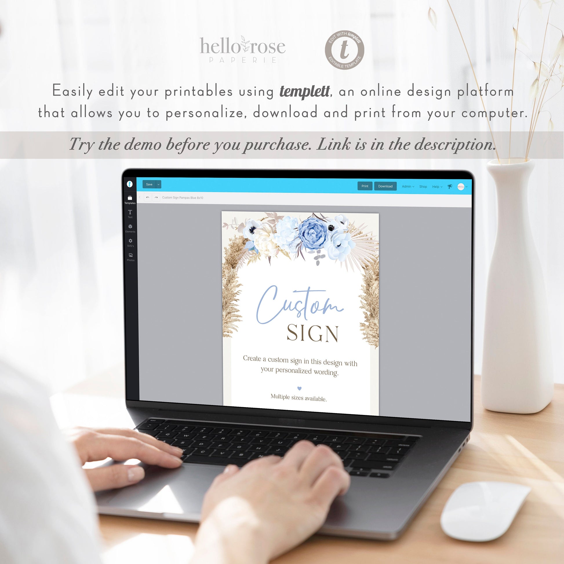 Custom Sign for Wedding, Bridal, Baby Shower, Holiday, Party, Quote, Verse, Home . Pampas Blue Floral . PRINTABLE Editable Template Templett