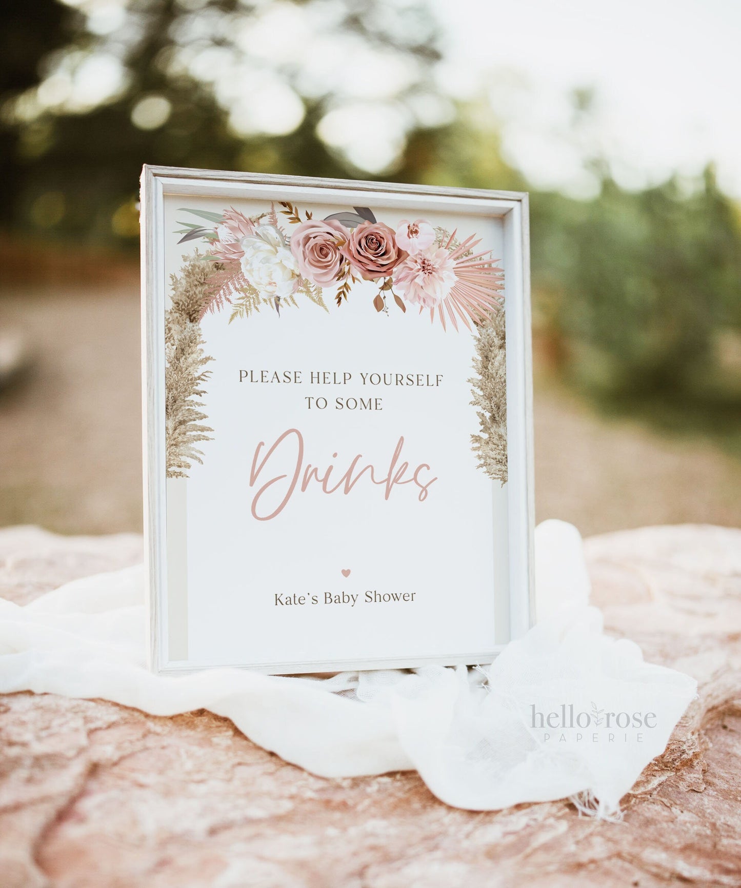 Drinks Help Yourself Baby Shower Personalized Sign . Boho Pampas Pink Floral Girl . PRINTABLE Editable Instant Download Templett Template