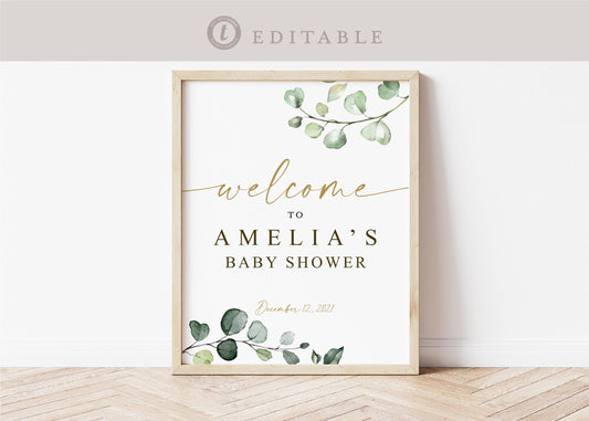 Baby Shower Welcome Sign Personalized Template . Greenery + Gold . PRINTABLE Editable Welcome Poster . Instant Download Templett Template