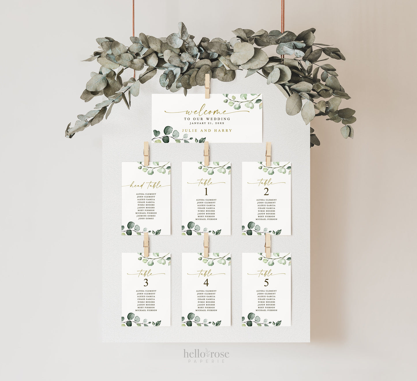 Wedding Seating Chart Table Cards Template . Table Numbers Header Card + Head Table Cards . Greenery Gold . PRINTABLE Editable Templett G2-T
