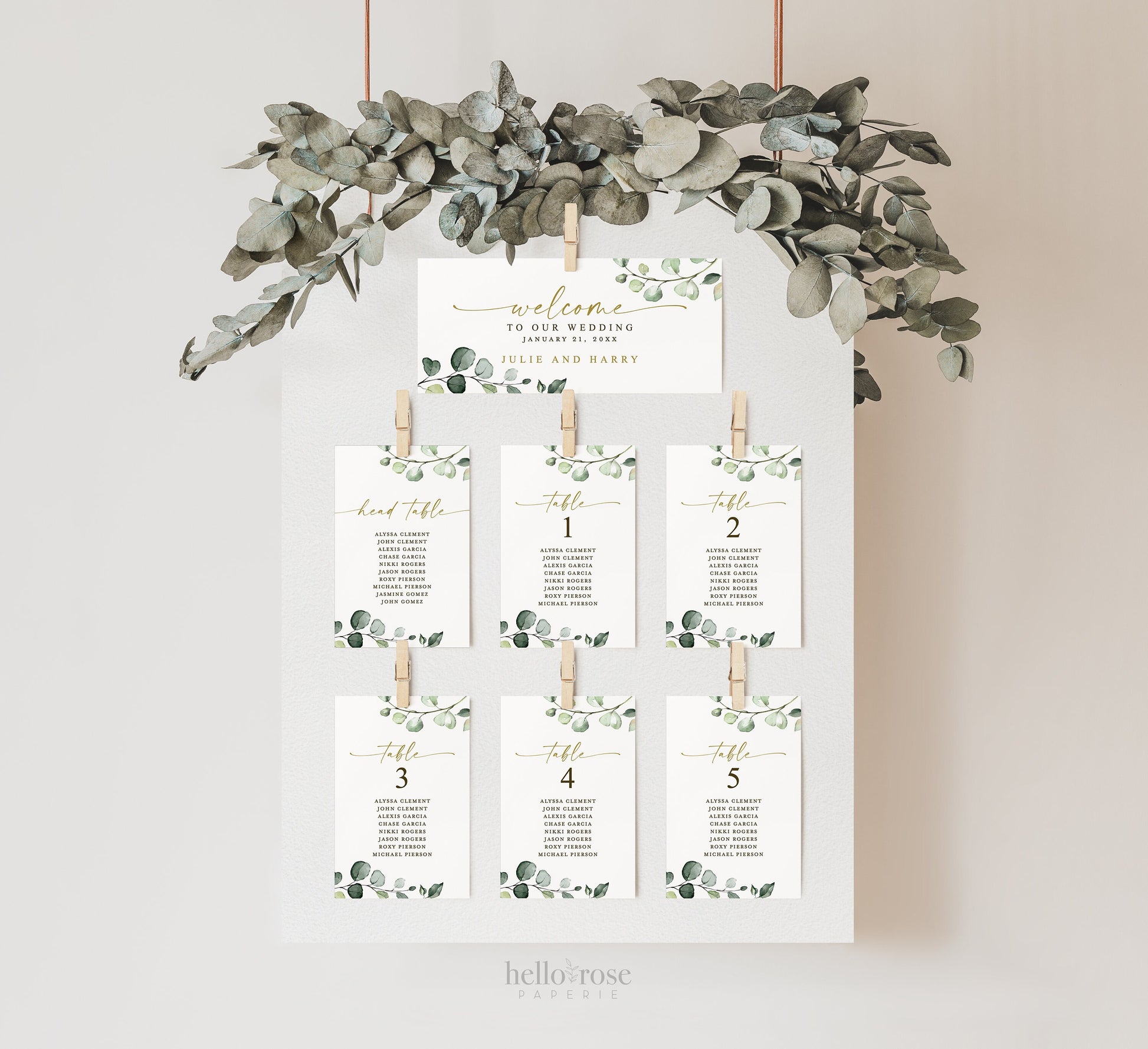 Wedding Seating Chart Table Cards Template . Table Numbers Header Card + Head Table Cards . Greenery Gold . PRINTABLE Editable Templett G2-T