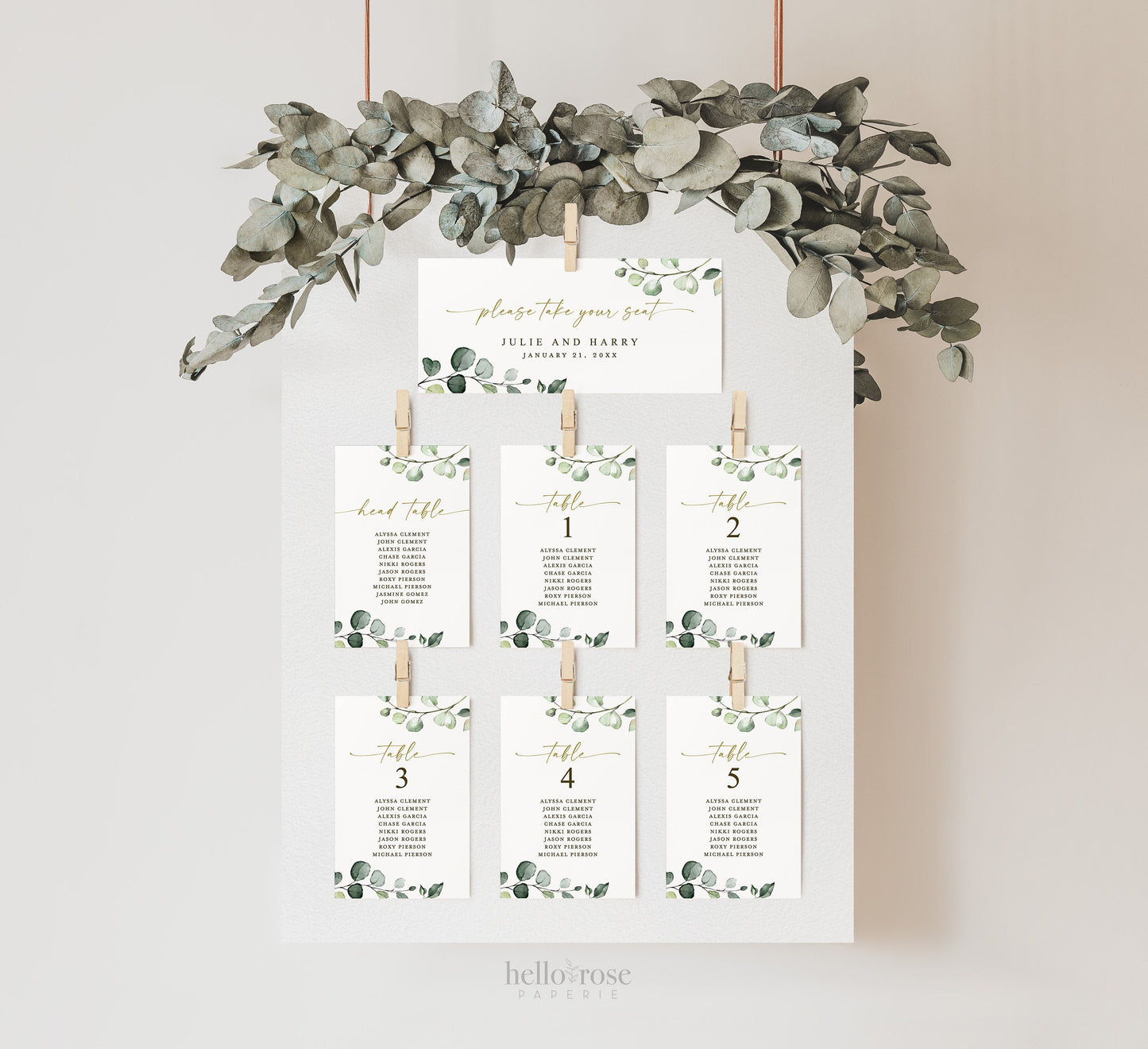 Wedding Seating Chart Table Cards Template . Table Numbers Header Card + Head Table Cards . Greenery Gold . PRINTABLE Editable Templett G2-T