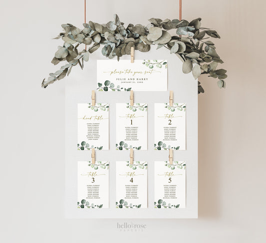 Wedding Seating Chart Table Cards Template . Table Numbers Header Card + Head Table Cards . Greenery Gold . PRINTABLE Editable Templett G2-T