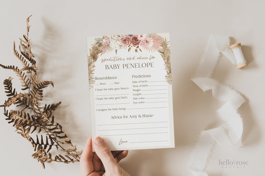 Baby Predictions and Advice Personalized Game . Pink Floral Boho Pampas Baby Shower . PRINTABLE Editable Template . Download Templett