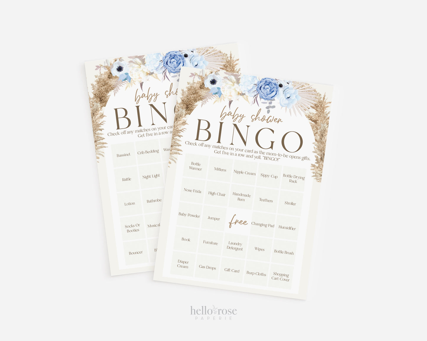 Baby Shower Bingo Personalized Game . Blue Floral Boho Pampas Boy Baby Shower . PRINTABLE Editable Template . Instant Download Templett