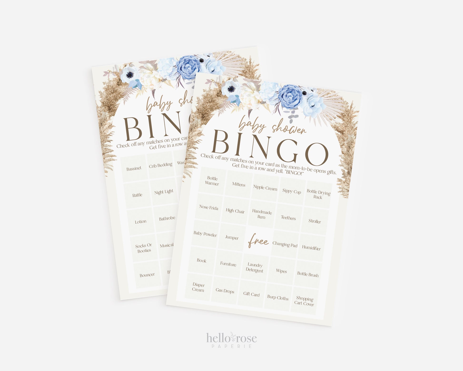 Baby Shower Bingo Personalized Game . Blue Floral Boho Pampas Boy Baby Shower . PRINTABLE Editable Template . Instant Download Templett