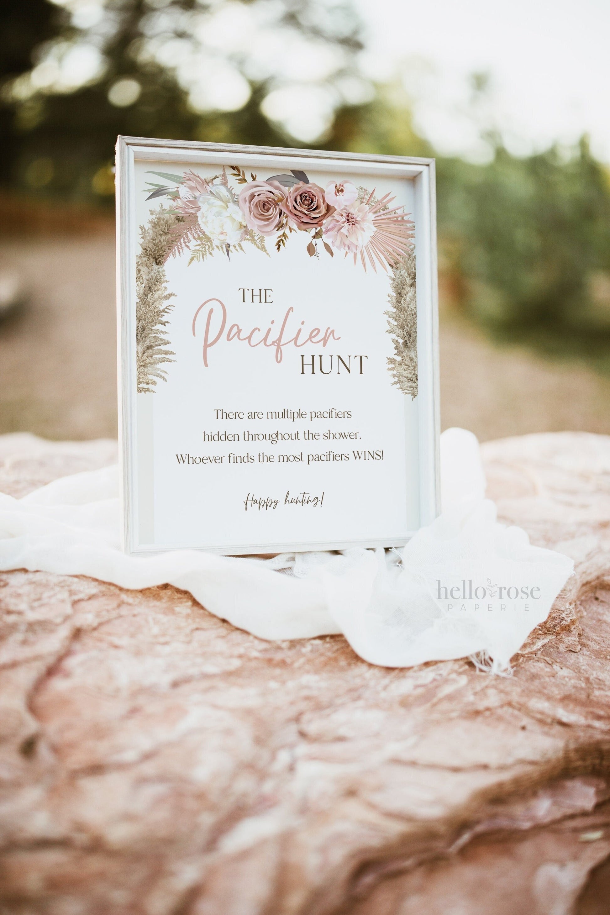Pacifier Hunt PRINTABLE Baby Shower Game Table Sign . Girl Baby Shower . Blush Pink Pampas Grass Floral . 8x10 Instant Digital Download