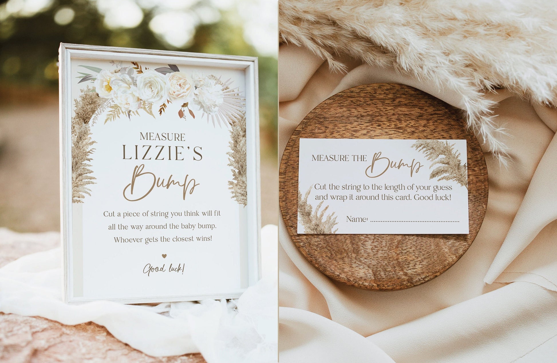 Measure the Bump Personalized Boho Baby Shower Game . White Floral Pampas Boy Girl Neutral . PRINTABLE Editable Template . Download Templett