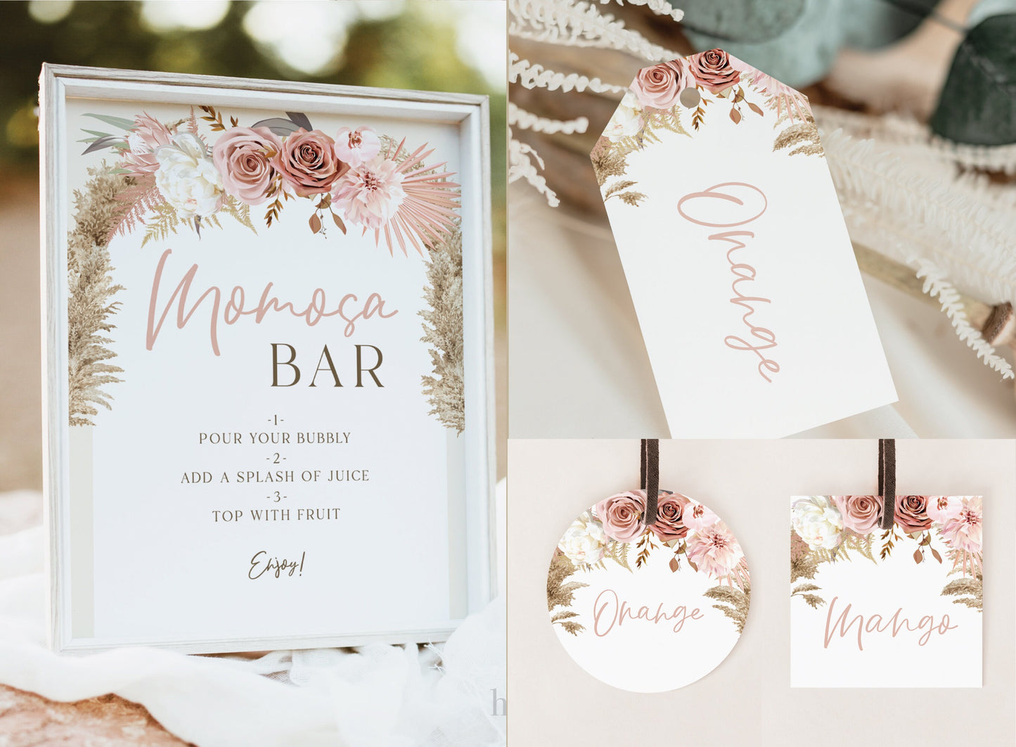 MOMosa Bar Sign + Mimosa Tags Template . Baby Shower Mimosa . Pampas Pink Floral . PRINTABLE Editable Template . Instant Download Templett