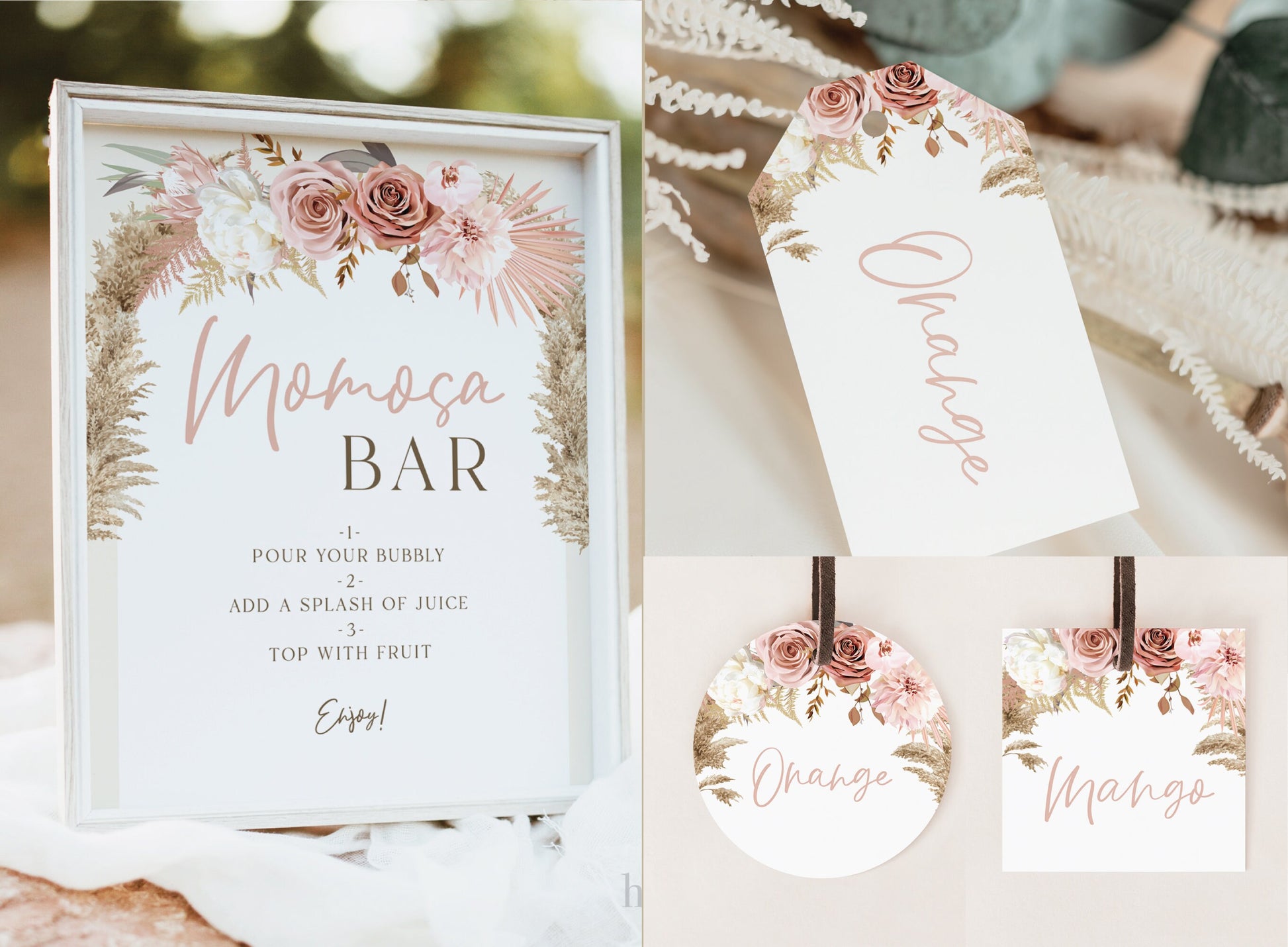 MOMosa Bar Sign + Mimosa Tags Template . Baby Shower Mimosa . Pampas Pink Floral . PRINTABLE Editable Template . Instant Download Templett