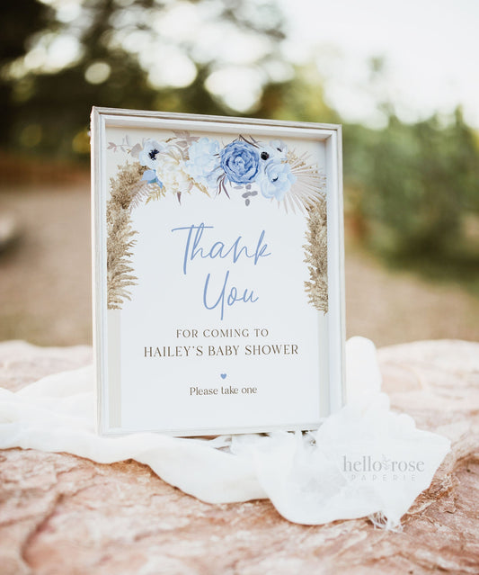Baby Shower Thank You for Coming Sign Personalized Template . Blue Boho Pampas Boy . PRINTABLE Editable Instant Download Templett Template
