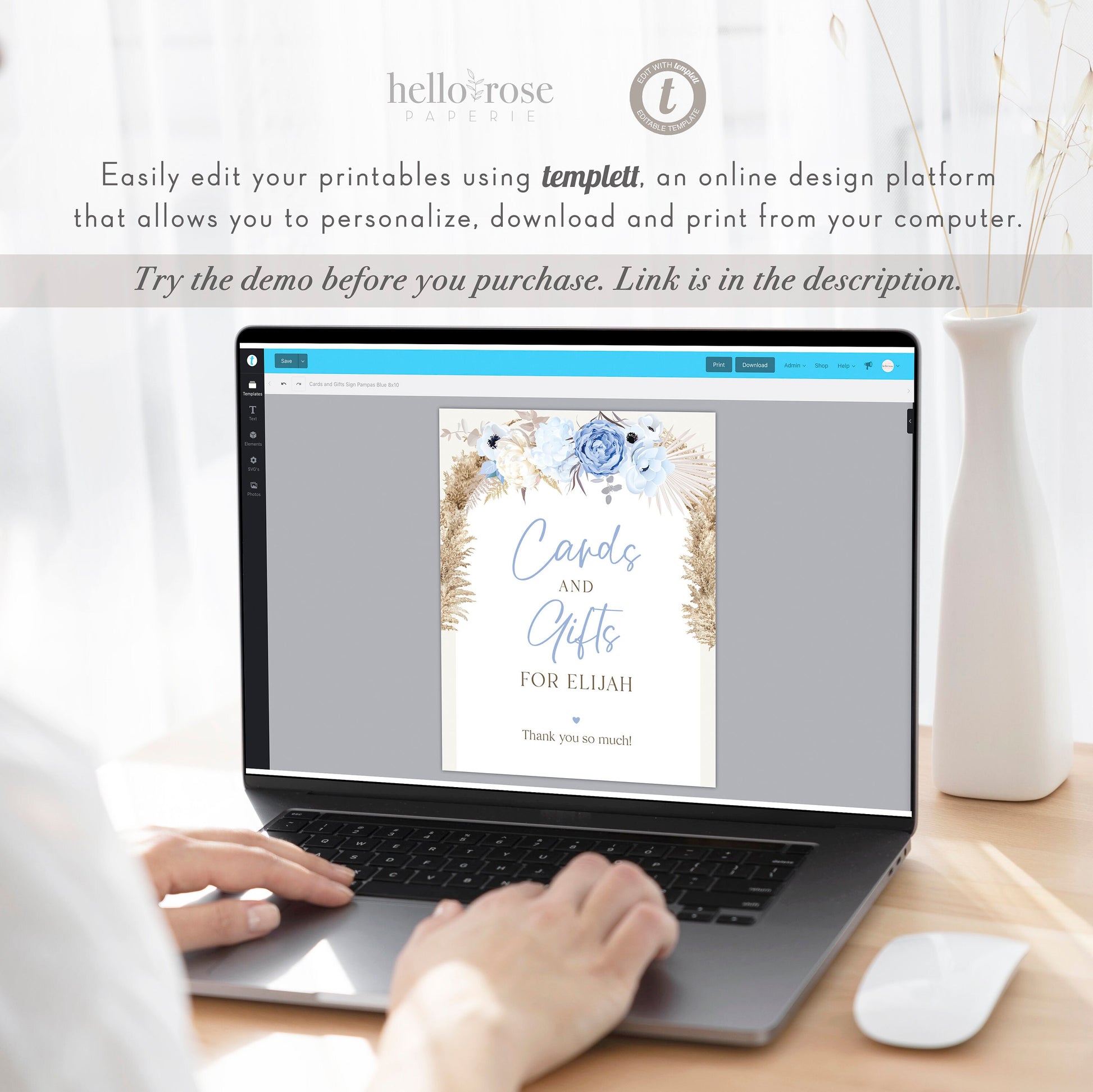 Cards and Gifts Baby Shower Personalized Sign . Boho Pampas Blue Floral Baby Boy . PRINTABLE Editable Instant Download Templett Template