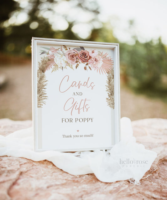 Cards and Gifts Baby Shower Personalized Sign . Boho Pampas Pink Floral Baby Girl . PRINTABLE Editable Instant Download Templett Template