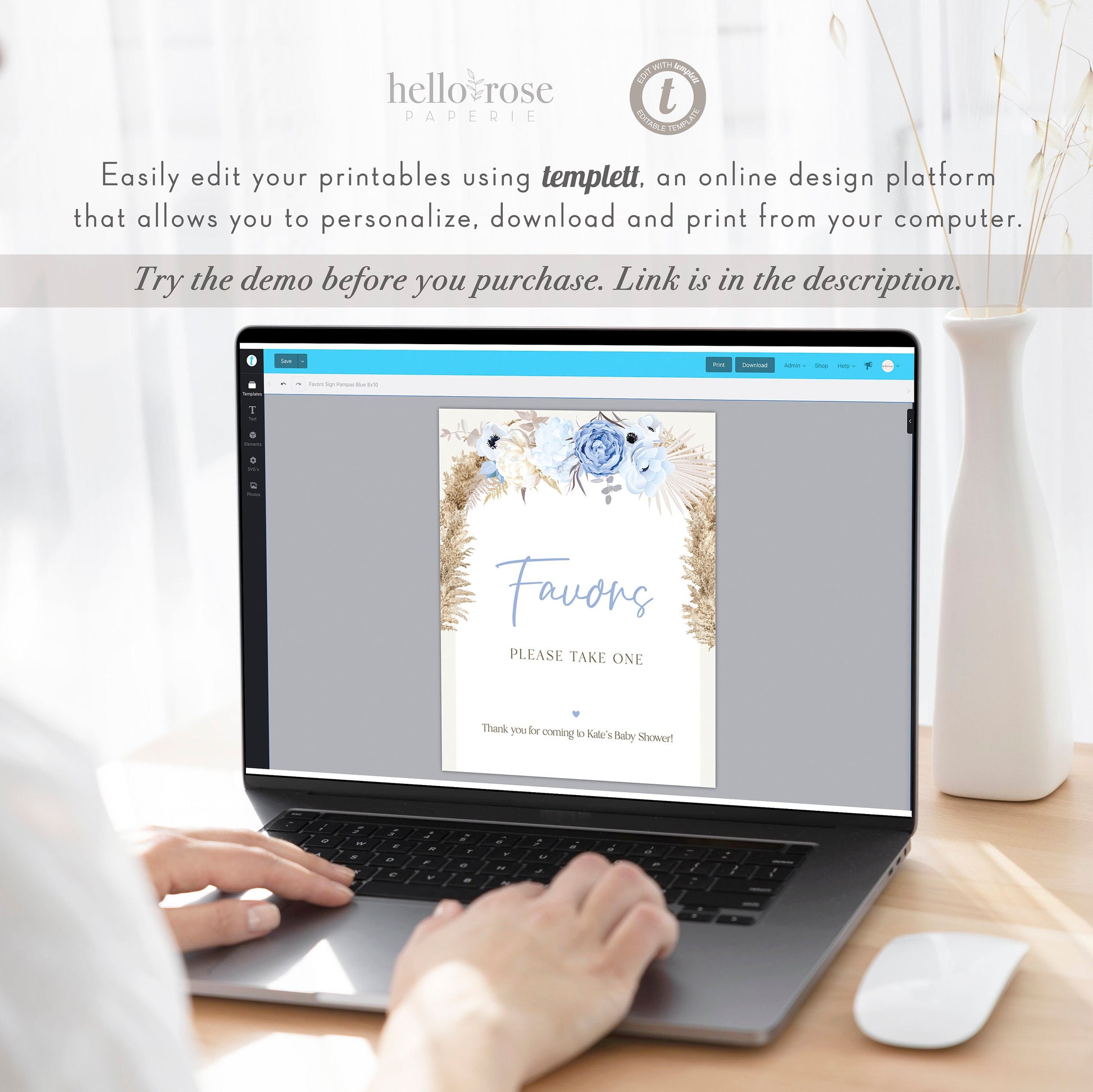 Favors Please Take One Baby Shower Sign . Boho Pampas Blue Floral Boy Baby . PRINTABLE Editable Instant Download . Templett Template