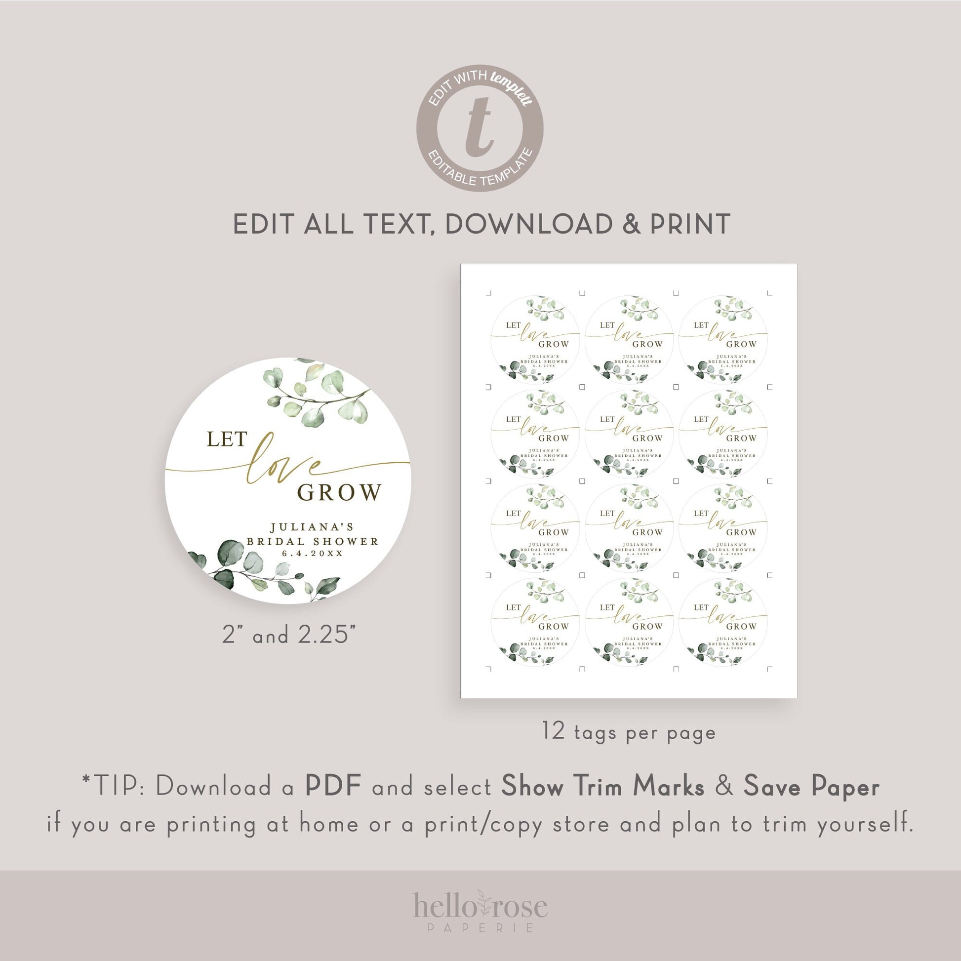 Let Love Grow Bridal Shower Wedding Succulent Favor Tags . Personalized Editable Template Greenery . PRINTABLE Templett Instant Download G-2