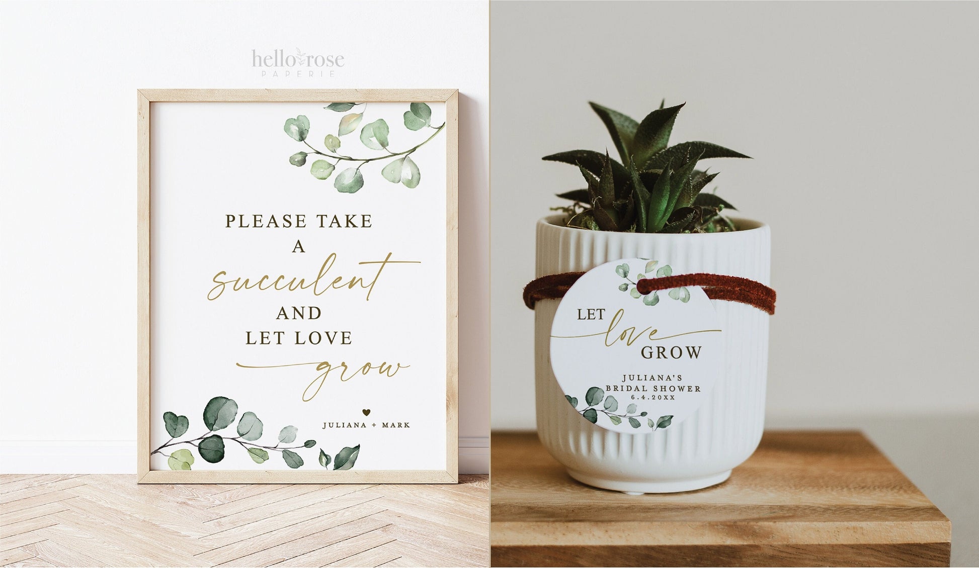 Let Love Grow Please Take a Succulent Sign . Greenery Gold . Bridal Shower Wedding . Editable Printable Template Instant Download Templett