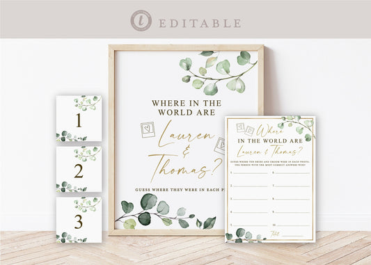 Where in the World Are They Bridal Couples Shower Game . Greenery + Gold . PRINTABLE Editable Template . Instant Download Templett G2-T