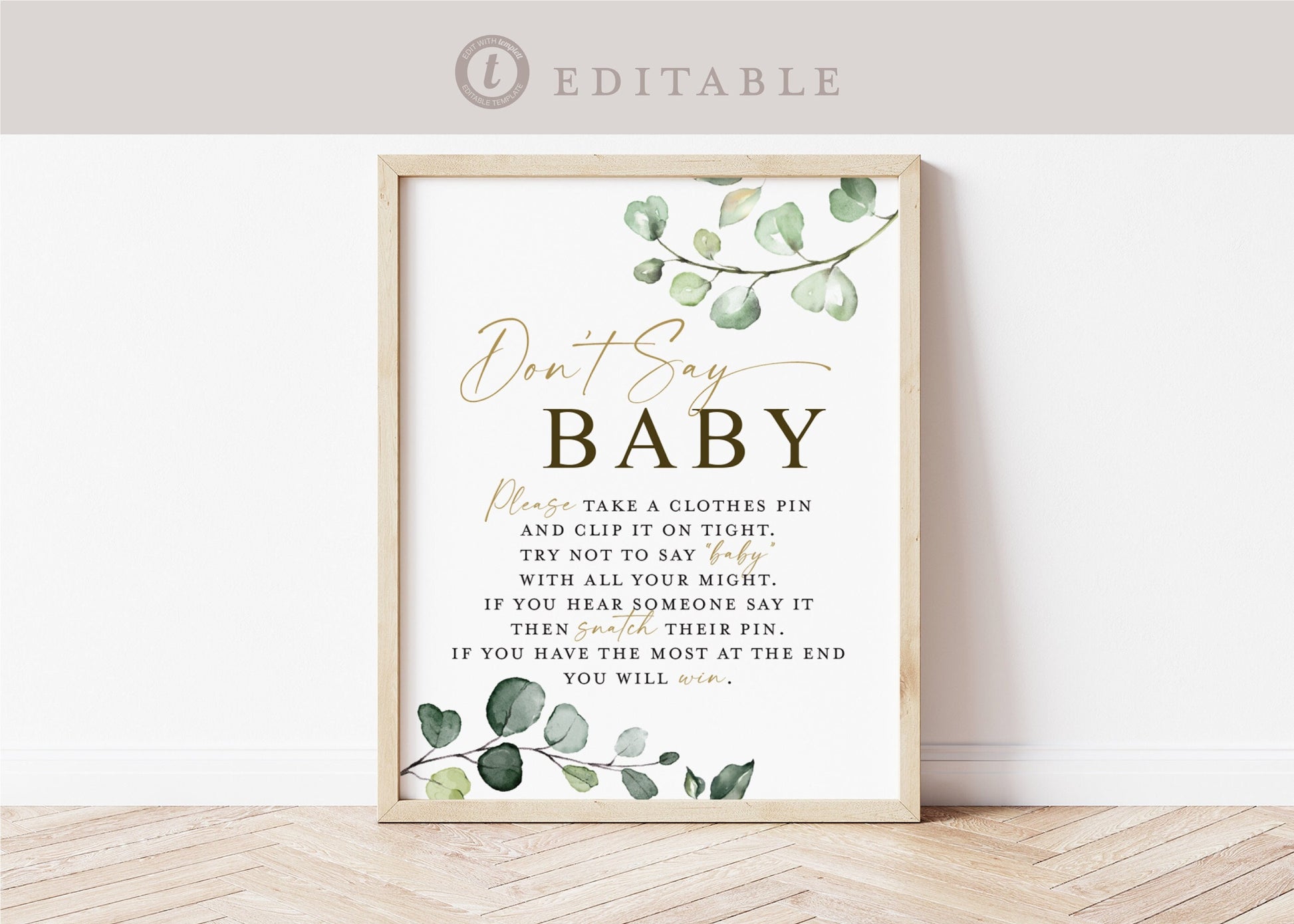 Don't Say Baby Game Table Sign . Boy Girl Neutral Baby Shower . Greenery Gold . PRINTABLE Editable Template Instant Download Templett G2-T