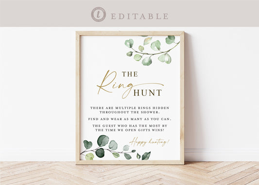 The Ring Hunt Game Sign . Bridal Shower Bachelorette Party . Greenery + Gold . PRINTABLE Editable Template Instant Download Templett G2-T