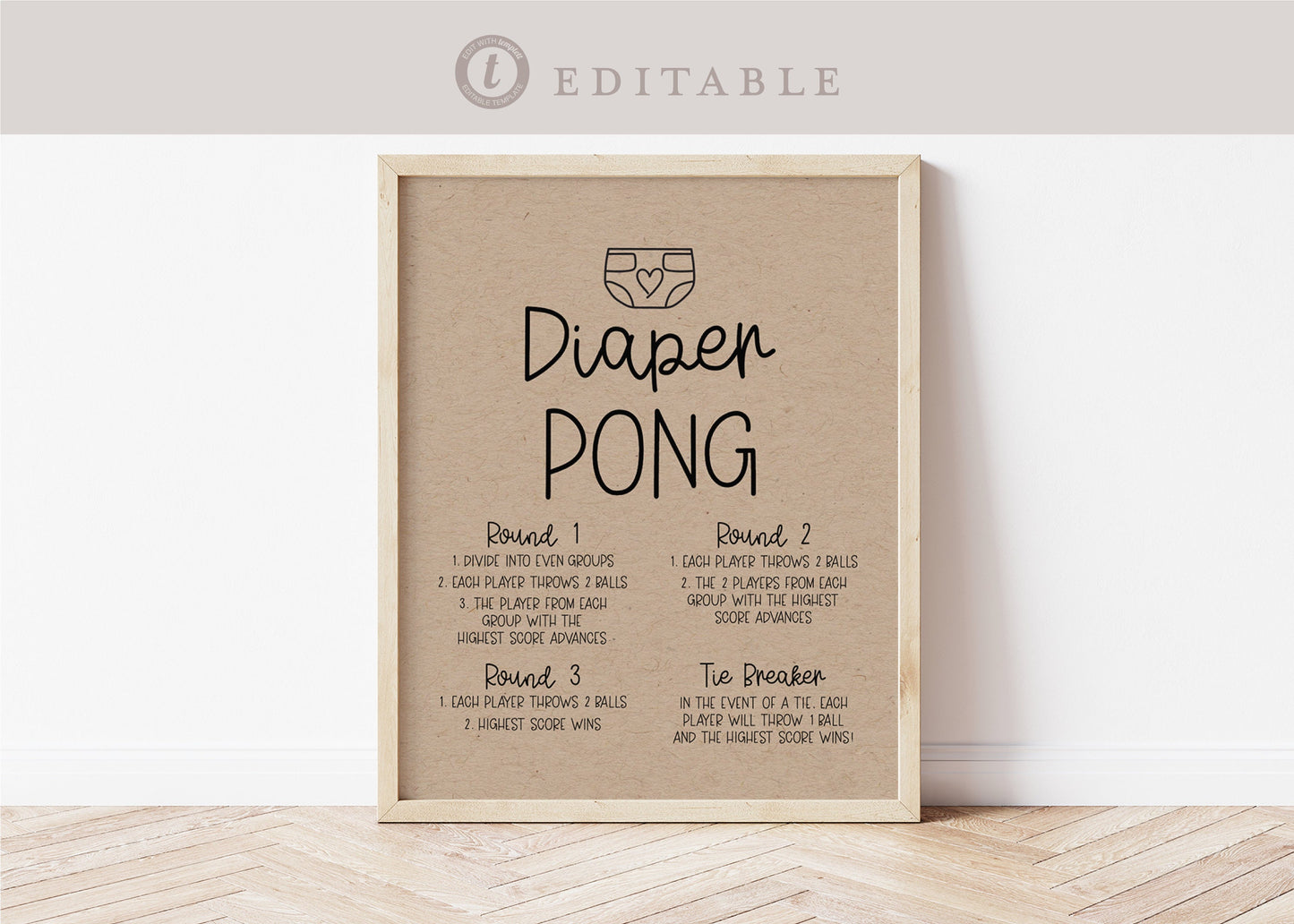Diaper Pong Baby Shower Game Table Sign . Boy Girl Neutral . Kraft + Black/White . PRINTABLE Editable Template Instant Download Templett
