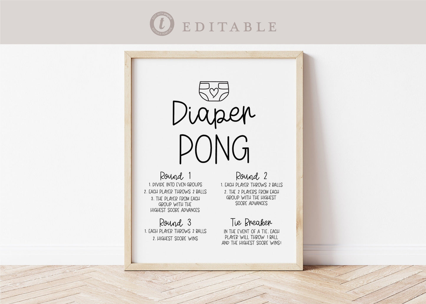 Diaper Pong Baby Shower Game Table Sign . Boy Girl Neutral . Kraft + Black/White . PRINTABLE Editable Template Instant Download Templett