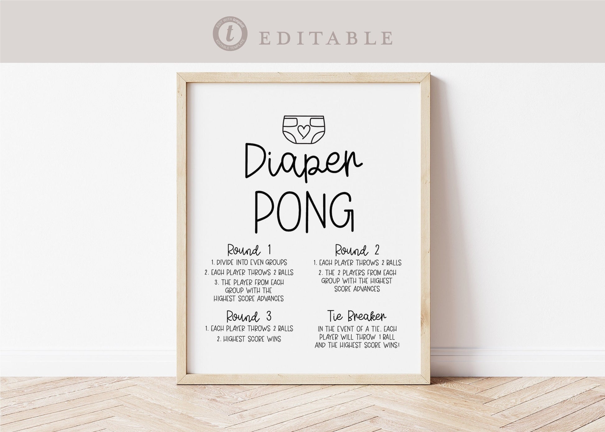 Diaper Pong Baby Shower Game Table Sign . Boy Girl Neutral . Kraft + Black/White . PRINTABLE Editable Template Instant Download Templett