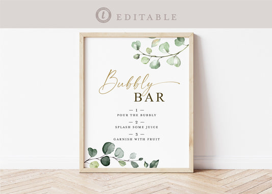 Bubbly Bar Mimosa Bar Sign . Greenery + Gold . Wedding Bridal Baby Shower Bachelorette Hens Party . Template Instant Download Templett G2-T
