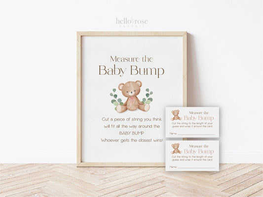 Measure the Baby Bump Teddy Bear Printable Game Sign + Cards . Baby Shower Boy Blue . We Can Bearly Wait. Greenery . 8x10 Instant Download