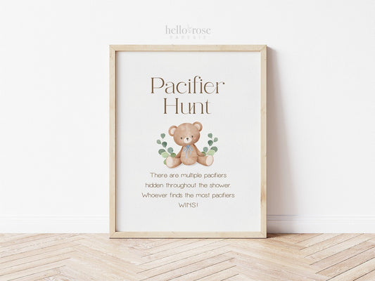 Pacifier Hunt Teddy Bear Printable Game Sign . Baby Shower Boy Blue . We Can Bearly Wait. Bear with Greenery . 8x10 Instant Download