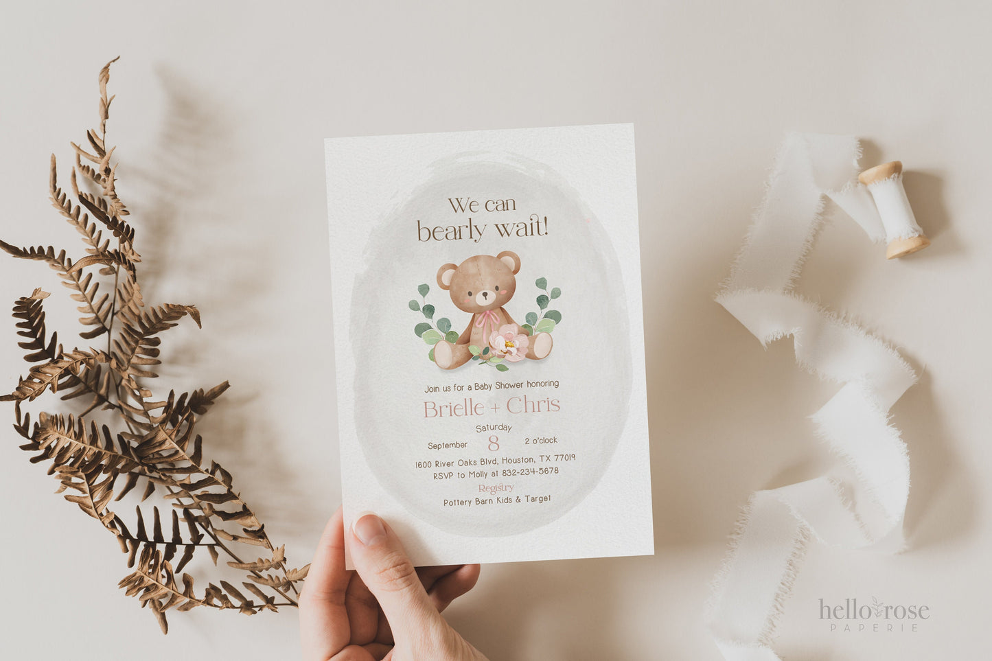 Tiny Baby Hunt Teddy Bear Printable Game Sign . Baby Shower Girl Pink . We Can Bearly Wait. Bear with Greenery . 8x10 Instant Download